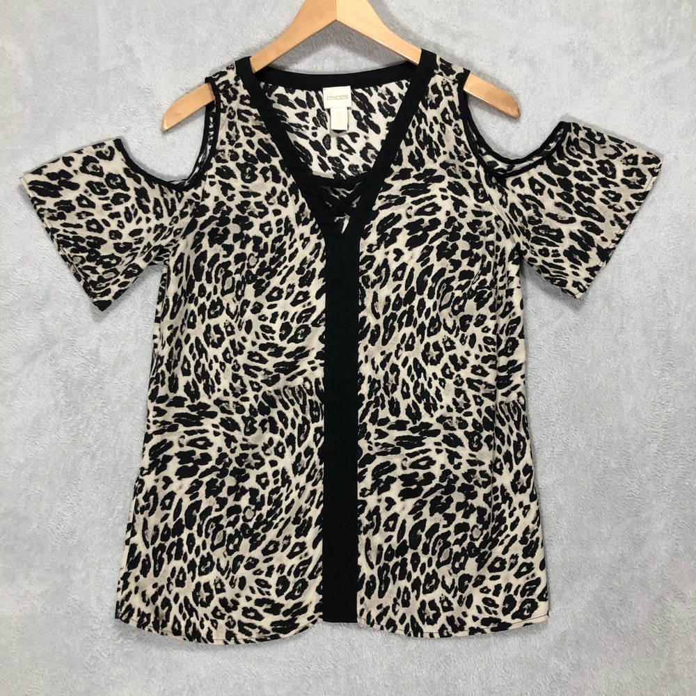 Chico's Leopard Print Cold Shoulder Top Blouse Black Trim Size 0